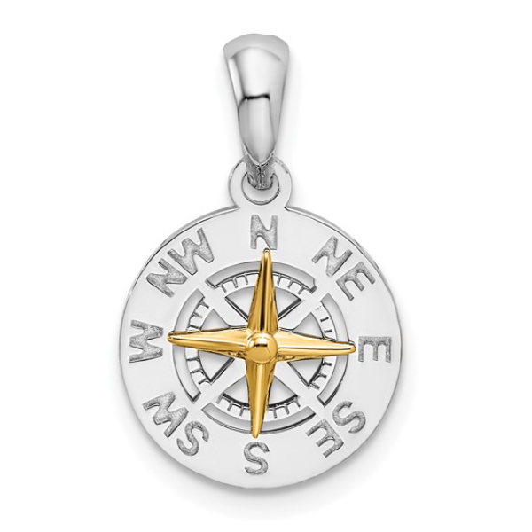 Sterling Silver Rhodium-Plated Mini Compass with 14K Yellow Gold Needle Pendant Blocher Jewelers Ellwood City, PA
