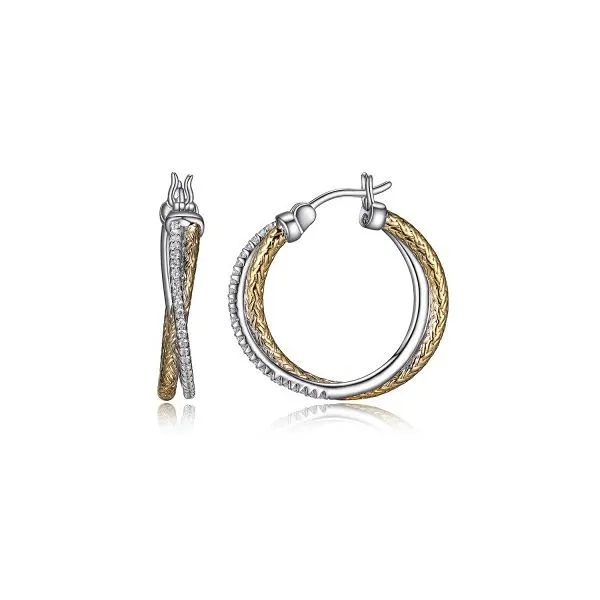 Sterling Silver Two-Tone Small Mesh and CZ Hoops Blocher Jewelers Ellwood City, PA