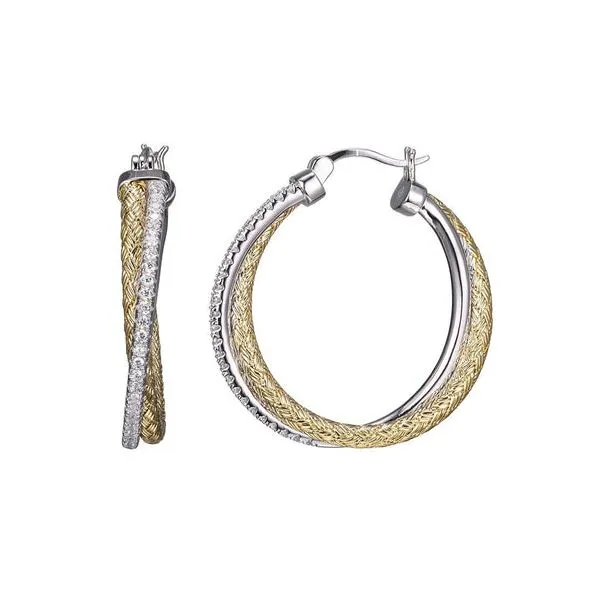 Two-Tone Sterling Silver Mesh with CZ Medium Hoop Earrings Blocher Jewelers Ellwood City, PA