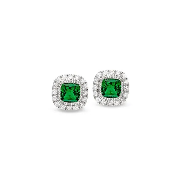 Platinum Finish Sterling Silver Micropave Simulated Emerald Earrings with Simulated Diamonds Blocher Jewelers Ellwood City, PA