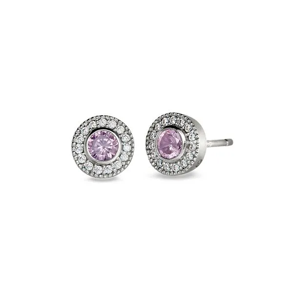 Platinum Finish Sterling Silver Micropave Round Simulated Pink Sapphire Earrings Blocher Jewelers Ellwood City, PA
