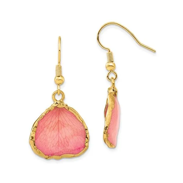 24k Gold-trim Lacquer Dipped Pink Real Rose Petal Gold-tone Dangle Wire Earrings Blocher Jewelers Ellwood City, PA