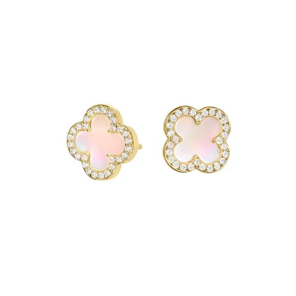 Gold Vermeil Sterling Silver Clover Earrings with Pink Mother of Pearl and Simulated Diamonds Blocher Jewelers Ellwood City, PA