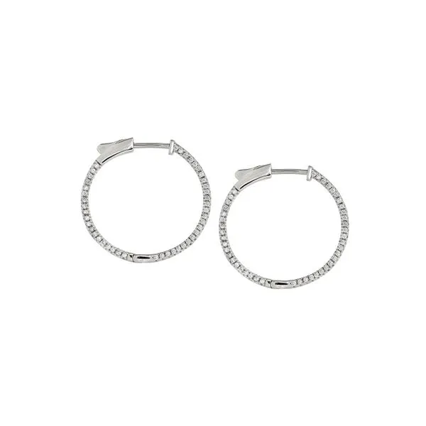 Platinum Finish Sterling Silver Micropave Side Stones Medium Hoop Earrings with Simulated Diamonds Blocher Jewelers Ellwood City, PA