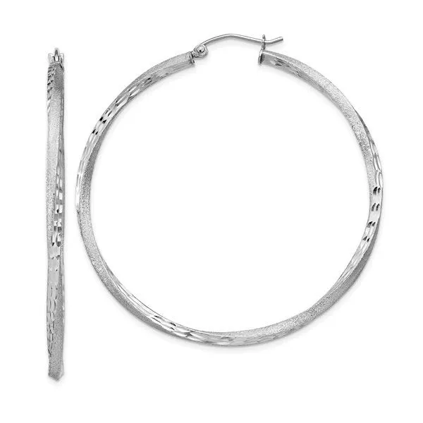 Sterling Silver Rhodium Plated Satin Diamond-Cut Twisted Hoop Earrings 50mm Blocher Jewelers Ellwood City, PA