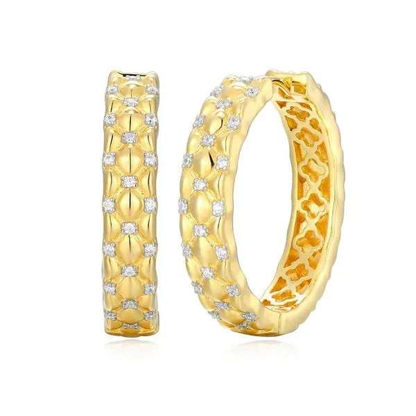 Sterling Silver Gold Plated Quilted CZ Hoop Earrings 25mm Blocher Jewelers Ellwood City, PA