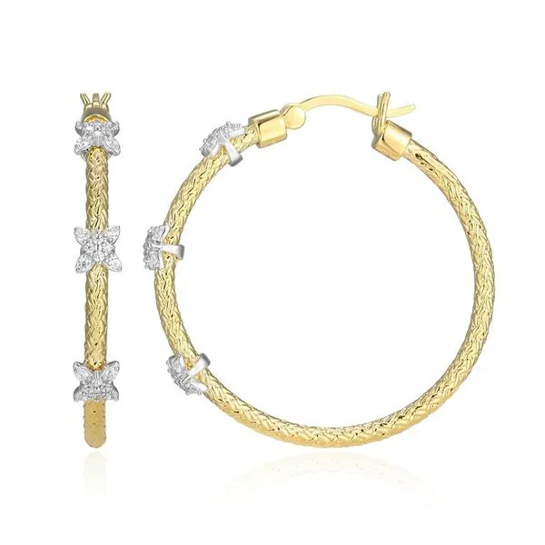 Sterling Silver Two Tone Matte Mesh Hoop Earrings with CZ Flora Stations 35mm Blocher Jewelers Ellwood City, PA