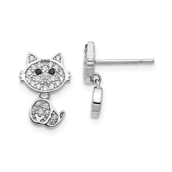 Cheryl M Sterling Silver Rhodium-plated Moveable Brilliant-cut Black and White CZ Cat Post Dangle Earrings, 11.6 x 8.68mm Blocher Jewelers Ellwood City, PA