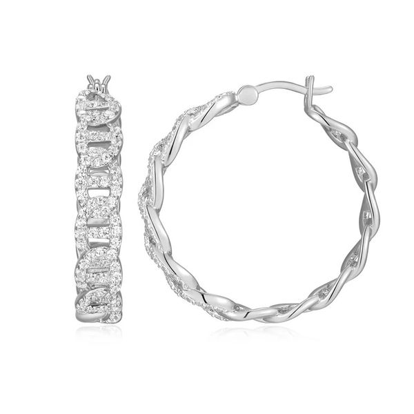 Sterling Silver CZ Mariner Pave Hoop Earrings with Rhodium Finish 30mm Blocher Jewelers Ellwood City, PA
