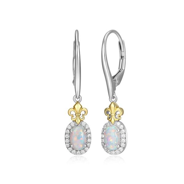 Sterling Silver L'Opal Drop Created Oval Opal and Cubic Zirconia Fleur De Lis Drop Earring Rhodium and Yellow Gold Finish Blocher Jewelers Ellwood City, PA