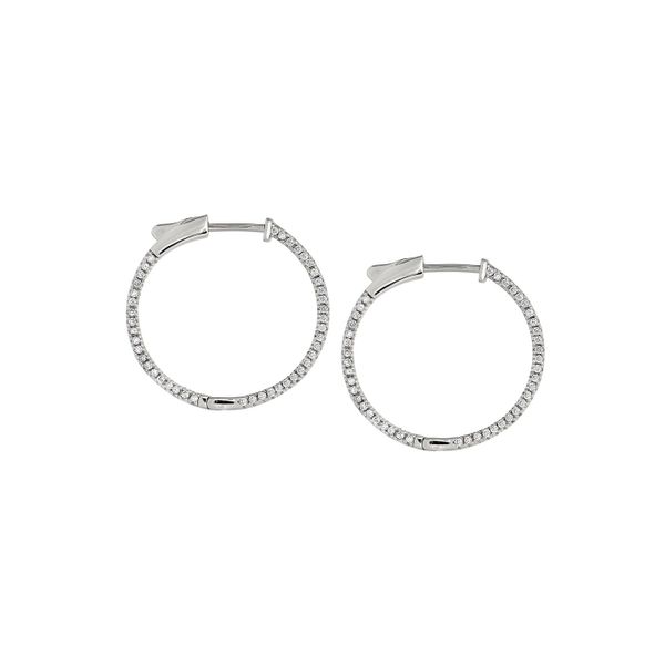Platinum Finish Sterling Silver Micropave Side Stones Medium Hoop Earrings with Simulated Diamonds Blocher Jewelers Ellwood City, PA