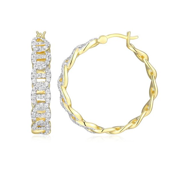 Sterling Silver Gold Plated CZ Mariner Pave Hoop Earrings 30mm Blocher Jewelers Ellwood City, PA