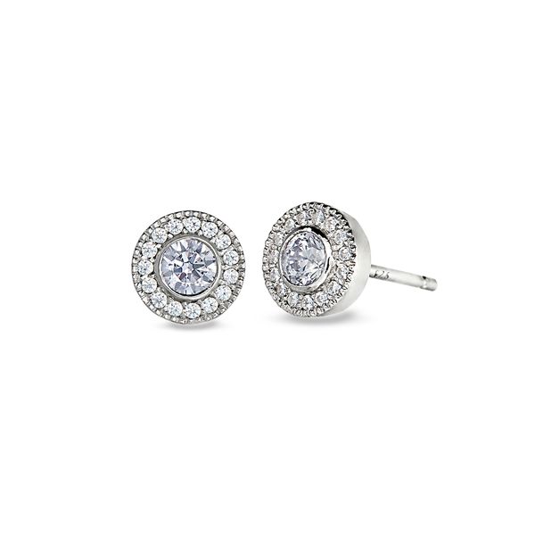 Platinum Finish Sterling Silver Micropave Round Simulated Light Amethyst Earrings with Simulated Diamonds Blocher Jewelers Ellwood City, PA