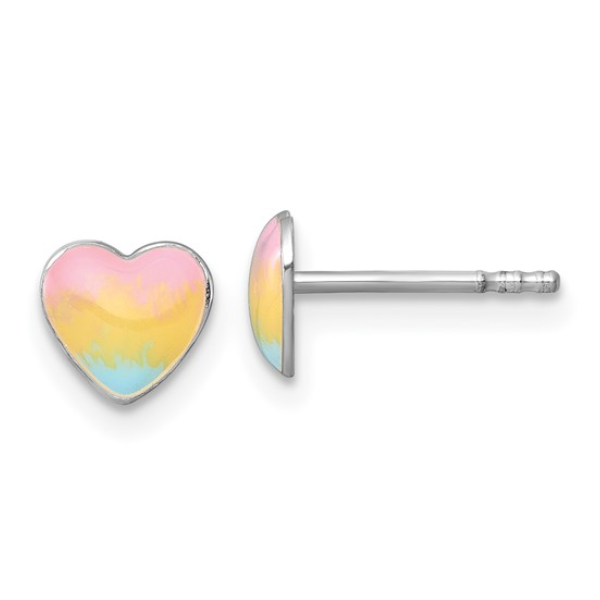 Sterling Silver Madi K Rhodium-plated Enameled Pastel Rainbow Heart Post Earrings Blocher Jewelers Ellwood City, PA