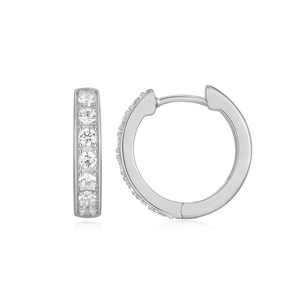 Sterling Silver Chloe CZ Huggie Earrings with Rhodium Finish 15mm Blocher Jewelers Ellwood City, PA