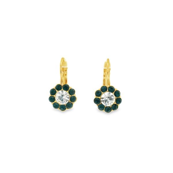 Gold Plated Leverback Earrings with a Clear Center Stone and Dark Blue Halo Blocher Jewelers Ellwood City, PA