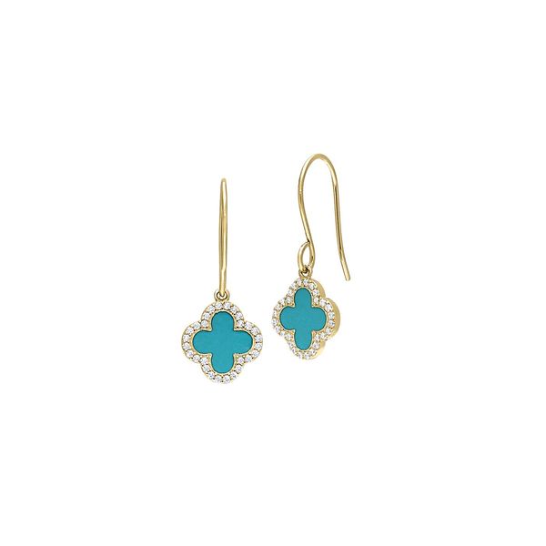Platinum Finish Sterling Silver Micropave Turquoise Enamel Clover Earrings with Simulated Diamonds Blocher Jewelers Ellwood City, PA