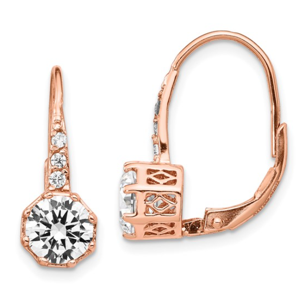 Sterling Silver Rose Gold-Plated Brilliant-Cut CZ Leverback Dangle Earrings Blocher Jewelers Ellwood City, PA