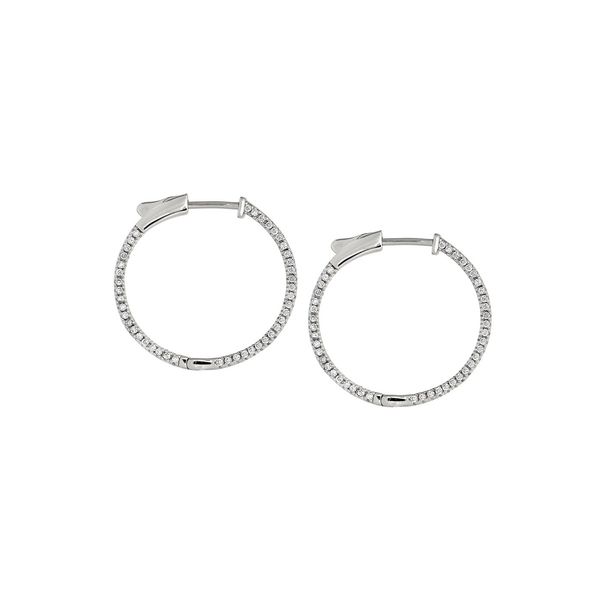 Platinum Finish Sterling Silver Micropave Side Stones Medium Hoop Earrings with Simulated Diamonds Blocher Jewelers Ellwood City, PA