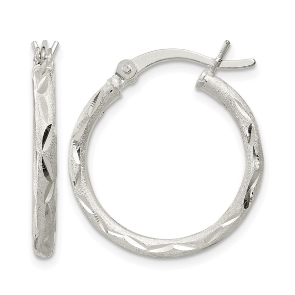 Sterling Silver Satin Diamond-cut 2x20mm Hoop Earrings Blocher Jewelers Ellwood City, PA