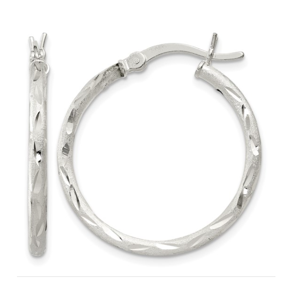 Sterling Silver Satin Diamond-cut 2x25mm Hoop Earrings Blocher Jewelers Ellwood City, PA