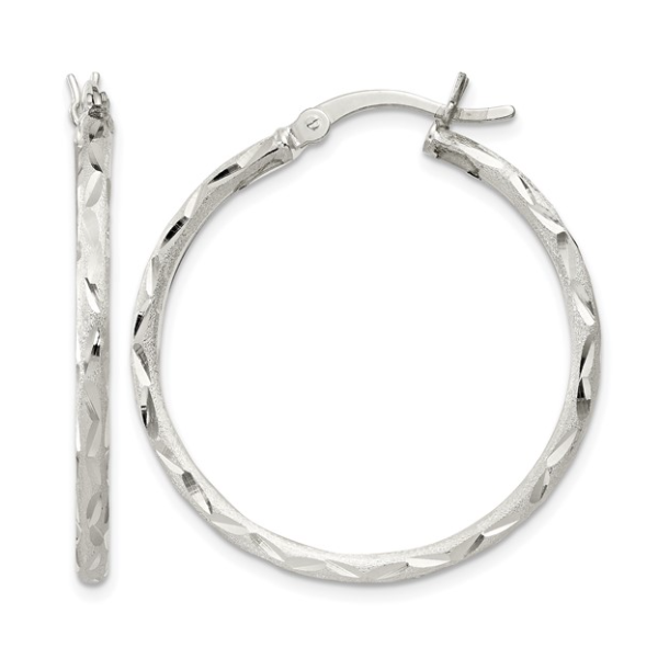 Sterling Silver Satin Diamond-cut 2x31mm Hoop Earrings Blocher Jewelers Ellwood City, PA