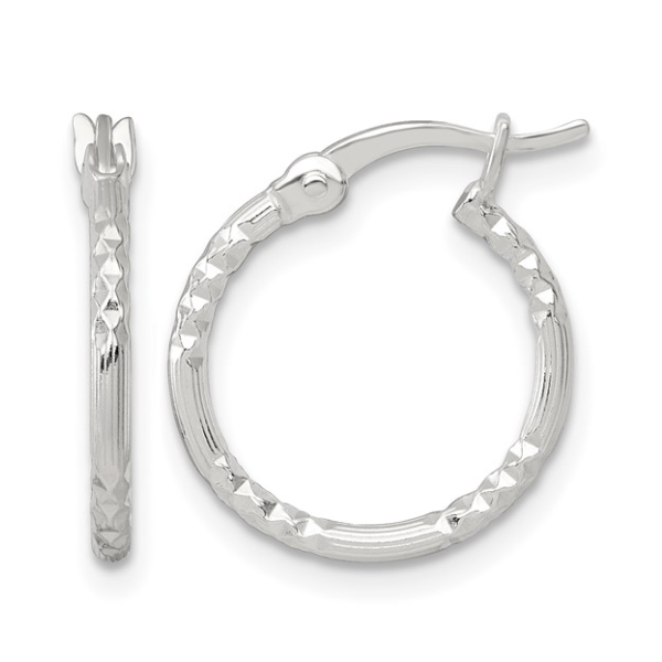 Sterling Silver Polished Diamond-cut Textured 16x1.5mm Round Hoop Earrings Blocher Jewelers Ellwood City, PA