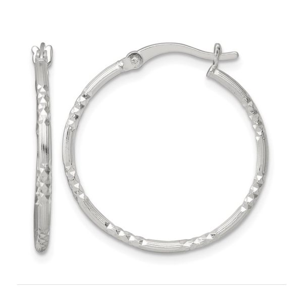 Sterling Silver Polished Diamond-cut Textured 25x1.5mm Round Hoop Earrings Blocher Jewelers Ellwood City, PA