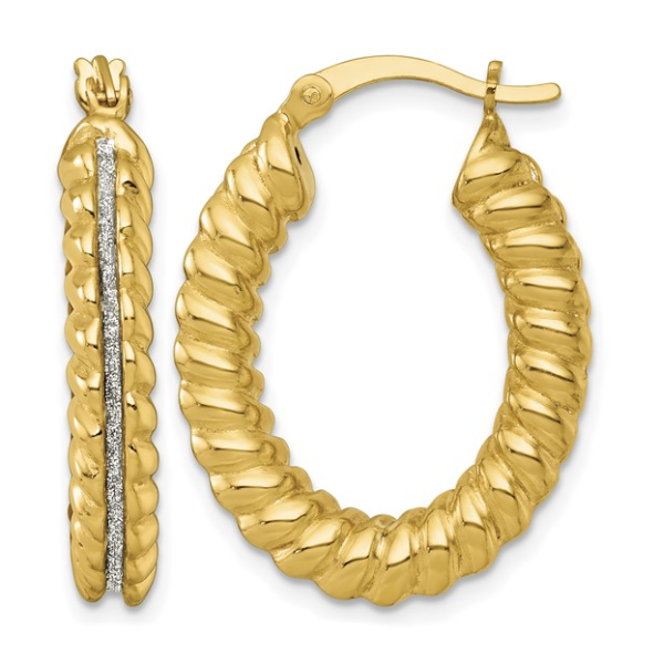 Gold Plated Twisted Glitter Oval Hoop Earrings Blocher Jewelers Ellwood City, PA