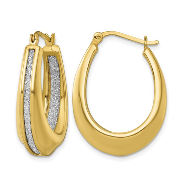 Gold Plated Twisted Glitter In and Out Oval Hoop Earrings Blocher Jewelers Ellwood City, PA