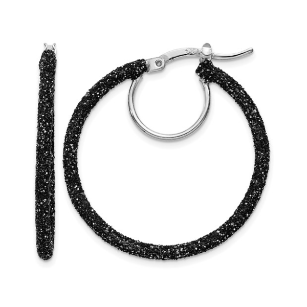 Sterling Silver Black Glitter Enamel 2x30mm Hoop Earrings Blocher Jewelers Ellwood City, PA