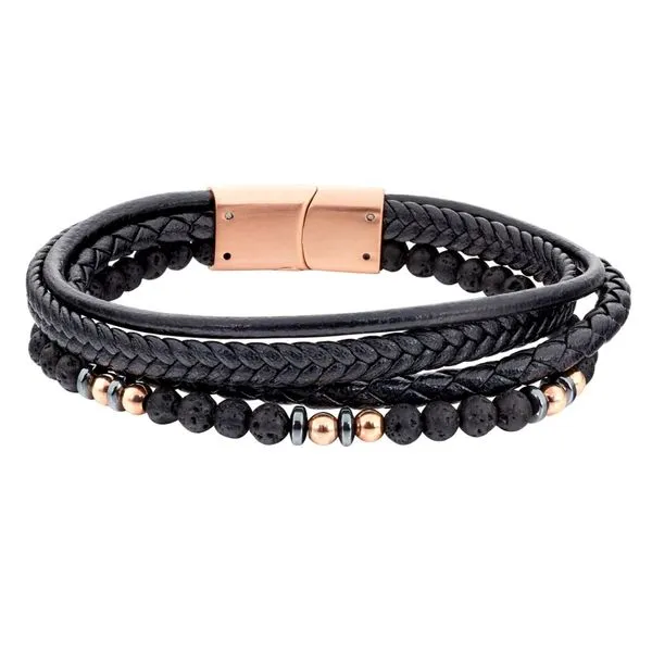 Black Leather 4 Cord Bracelet With Rose Gold And Black Beads Blocher Jewelers Ellwood City, PA