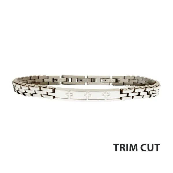 Trim Cut with Etched Cross Steel Bracelet Blocher Jewelers Ellwood City, PA