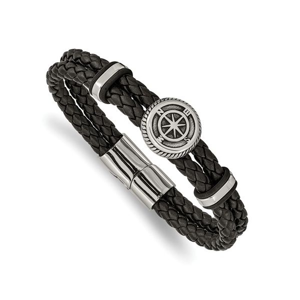 Stainless Steel Antiqued And Polished Black Leather Compass 8in Bracelet Blocher Jewelers Ellwood City, PA