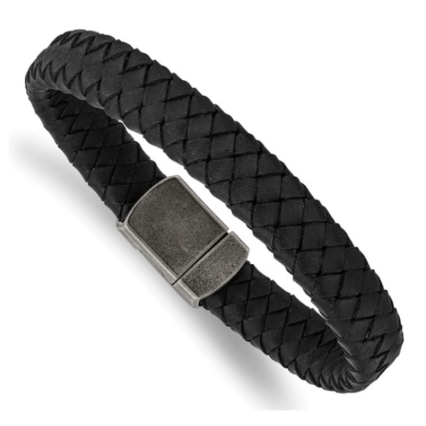 Chisel Stainless Steel Antiqued Black Braided Leather 8.25 inch Bracelet Blocher Jewelers Ellwood City, PA
