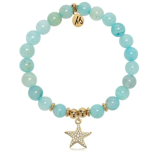 TJZ Gold Charm Collection - Aqua Fire Agate Gemstone Bracelet with Starfish Gold Charm Blocher Jewelers Ellwood City, PA