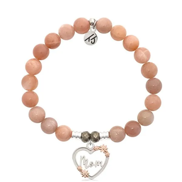Peach Moonstone Gemstone Bracelet with Heart Mom Sterling Silver Charm Blocher Jewelers Ellwood City, PA