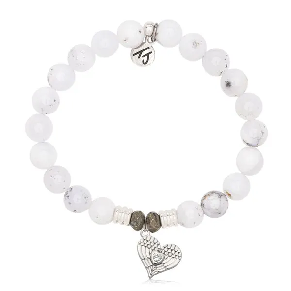 White Chalcedony Gemstone Bracelet With Sterling Silver Angel Wing Heart Charm Blocher Jewelers Ellwood City, PA