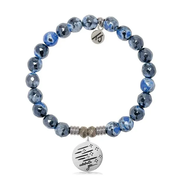 Denim Blue Agate Gemstone Bracelet with Birthday Wishes Sterling Silver Charm Blocher Jewelers Ellwood City, PA