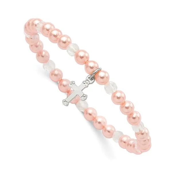 Sterling Silver Polished Cross 4mm Pink Imitation Shell Pearl and Faceted Clear Crystal Bead Stretch Bracelet Blocher Jewelers Ellwood City, PA