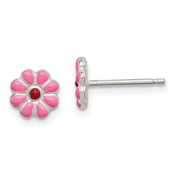 Sterling Silver Madi K Polished Pink and Red Enameled Flower Children's Post Earrings Blocher Jewelers Ellwood City, PA