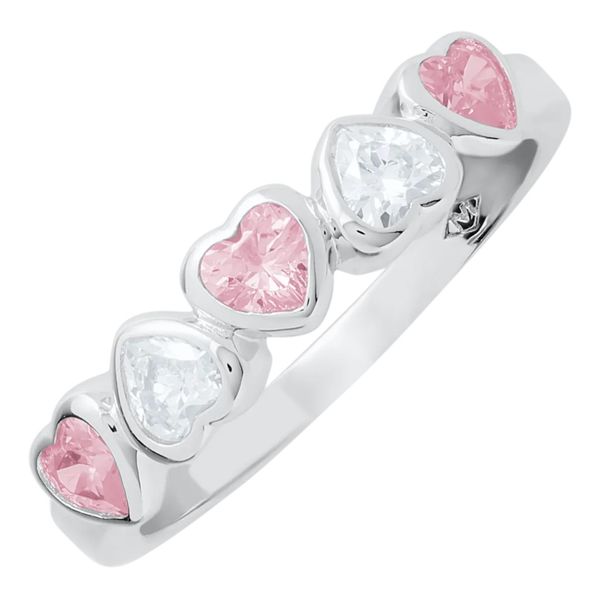 Sterling Silver Alternating Clear CZ and Pink CZ  Hearts Band Ring Size 4 Blocher Jewelers Ellwood City, PA