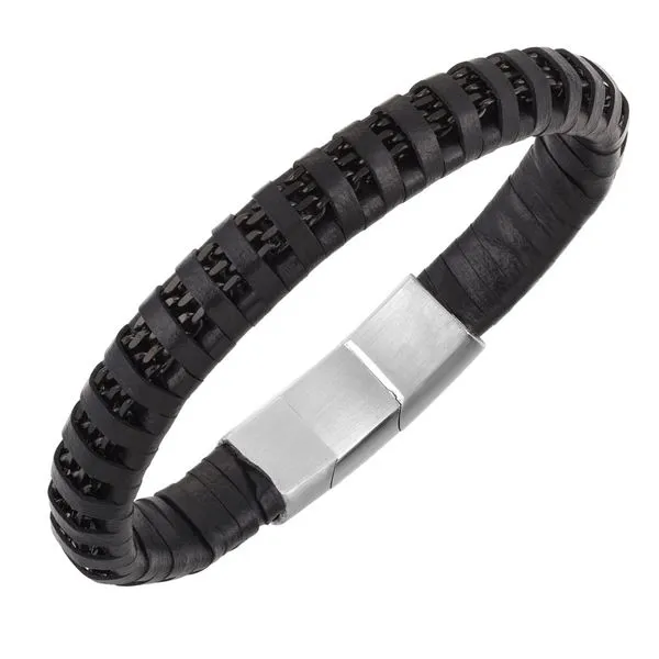 Men's Black Leather and Steel Bracelet Blocher Jewelers Ellwood City, PA