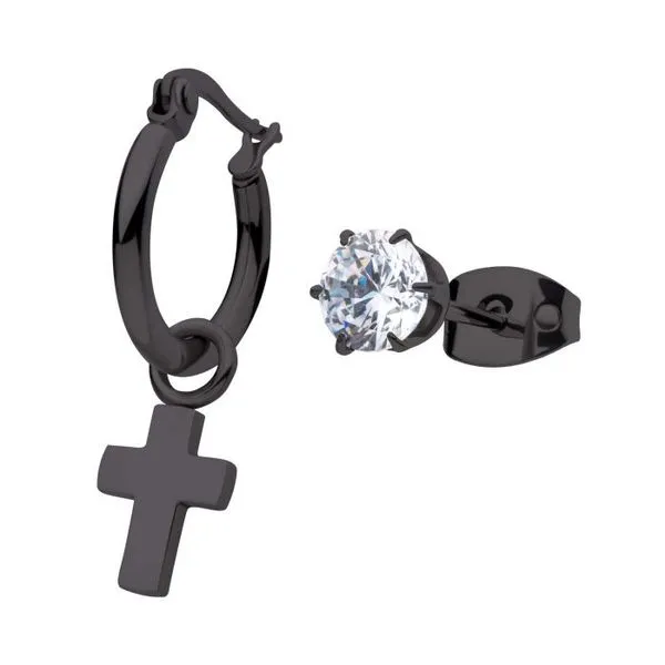 Black IP Dangling Cross Hoop & CZ Stud Earrings Blocher Jewelers Ellwood City, PA