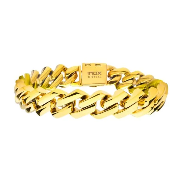 10mm High Polished Finish 18Kt Gold IP Diamond Prong Cuban Link Bracelet Blocher Jewelers Ellwood City, PA