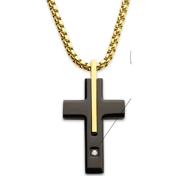 18Kt Gold IP and Black IP Steel Diamond Cross Pendant Blocher Jewelers Ellwood City, PA