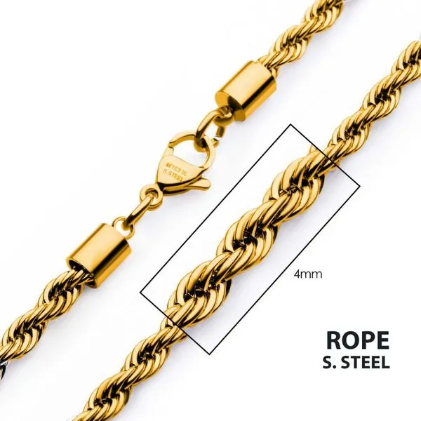 4mm Stainless Steel 18Kt Gold IP Rope Chain Necklace 20