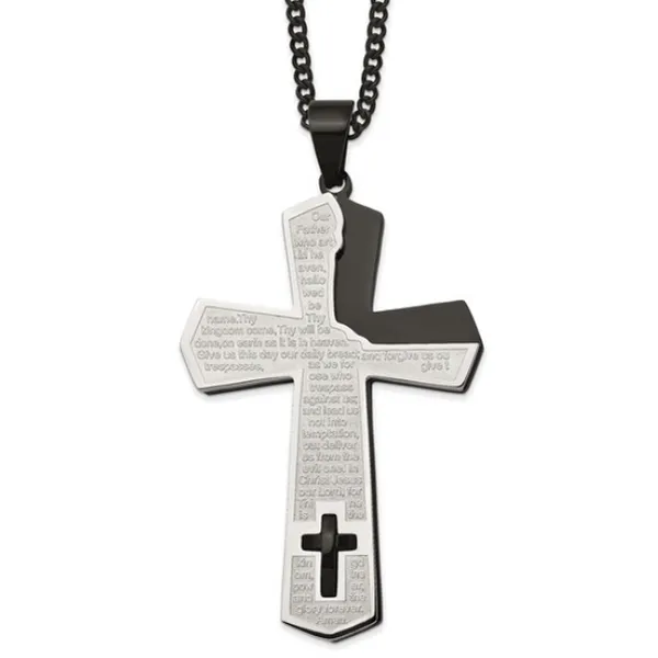 Chisel Stainless Steel Polished Black IP-plated Lord's Prayer Cross Pendant on a 24 inch Curb Chain Necklace  44.9mm x 67.4mm Blocher Jewelers Ellwood City, PA