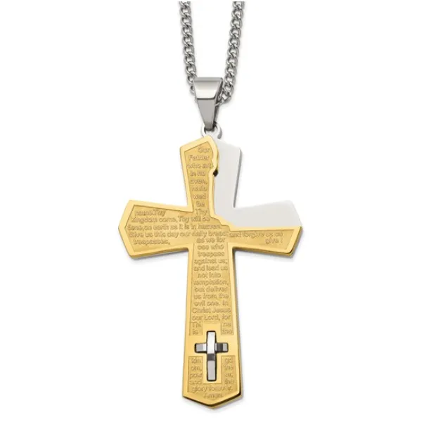 Chisel Stainless Steel Polished Yellow IP-plated Lord's Prayer Cross Pendant on a 24