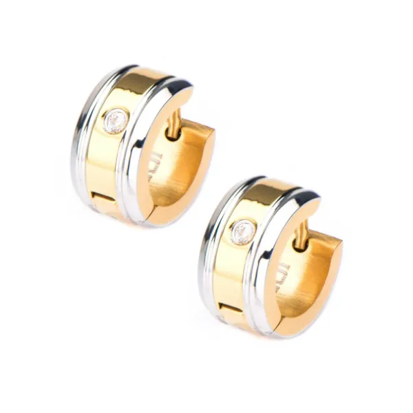 Stainless Steel Gold IP with 1 Clear CZ Gem Huggies Earrings Blocher Jewelers Ellwood City, PA